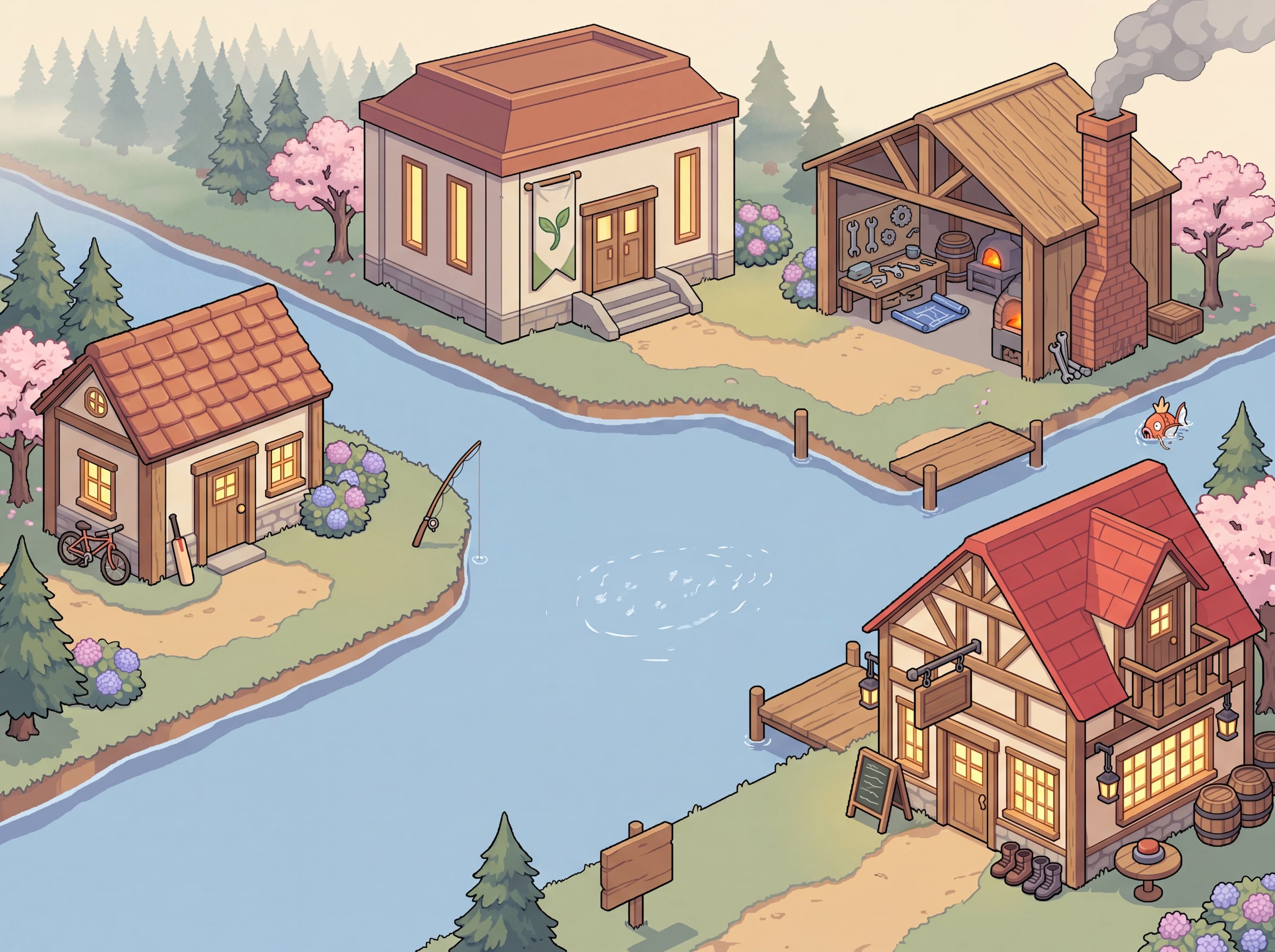dk's dock — a seaside village with four buildings around an s-curved canal