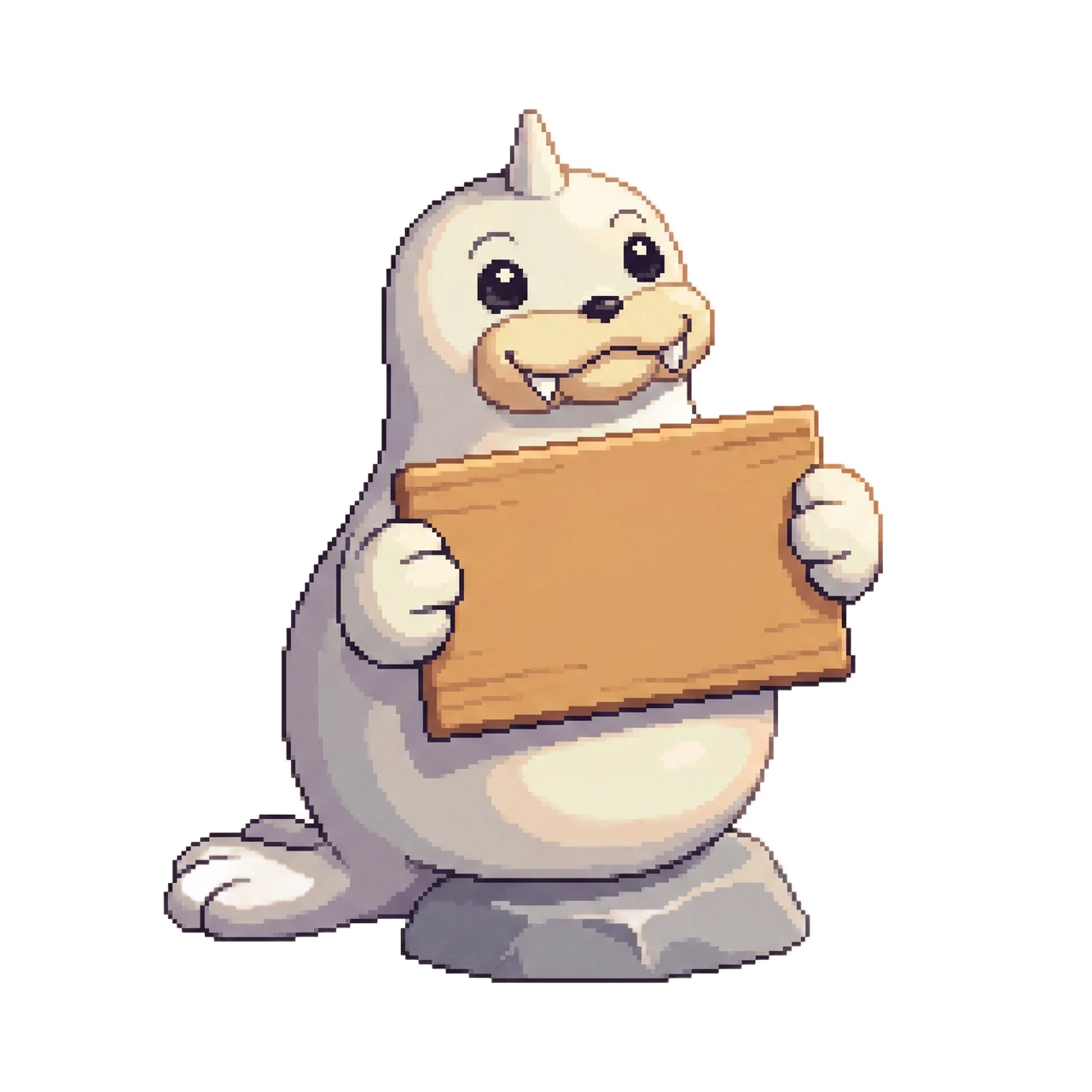 Seel holding a wooden sign